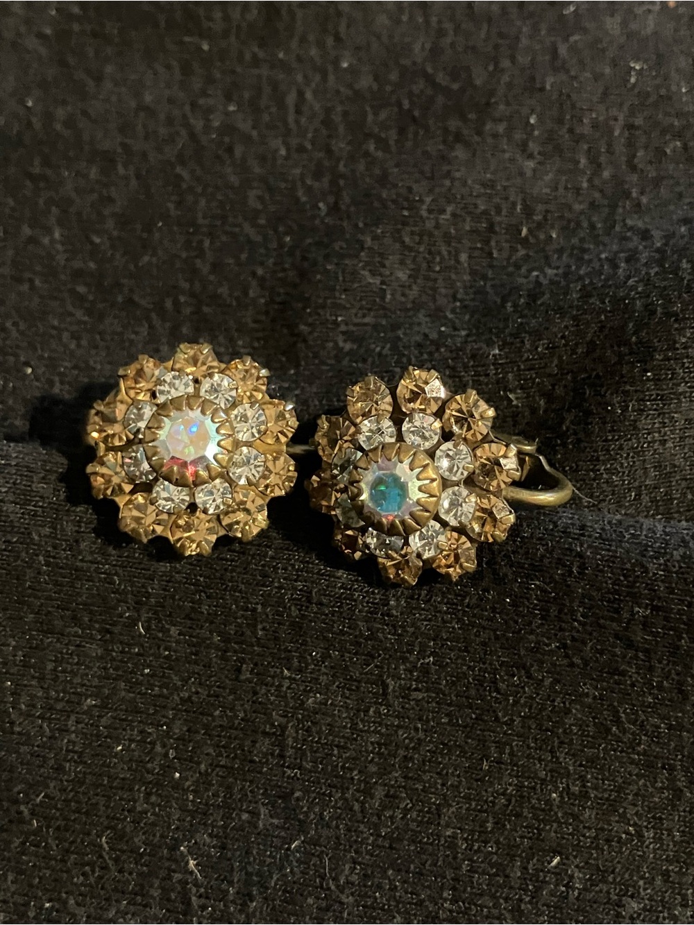 Vintage Liz Palacios Antiqued Brass Swarovski Crystal Cluster Clip-On Earrings